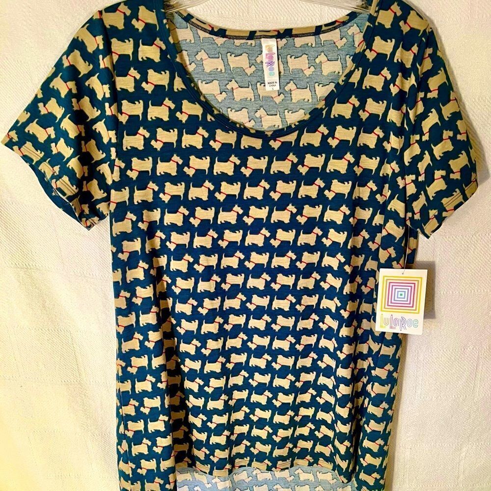 Lularoe Classic Size Small Scotty Dog  Blue Grey W Khaki Dog NEW With Tags.